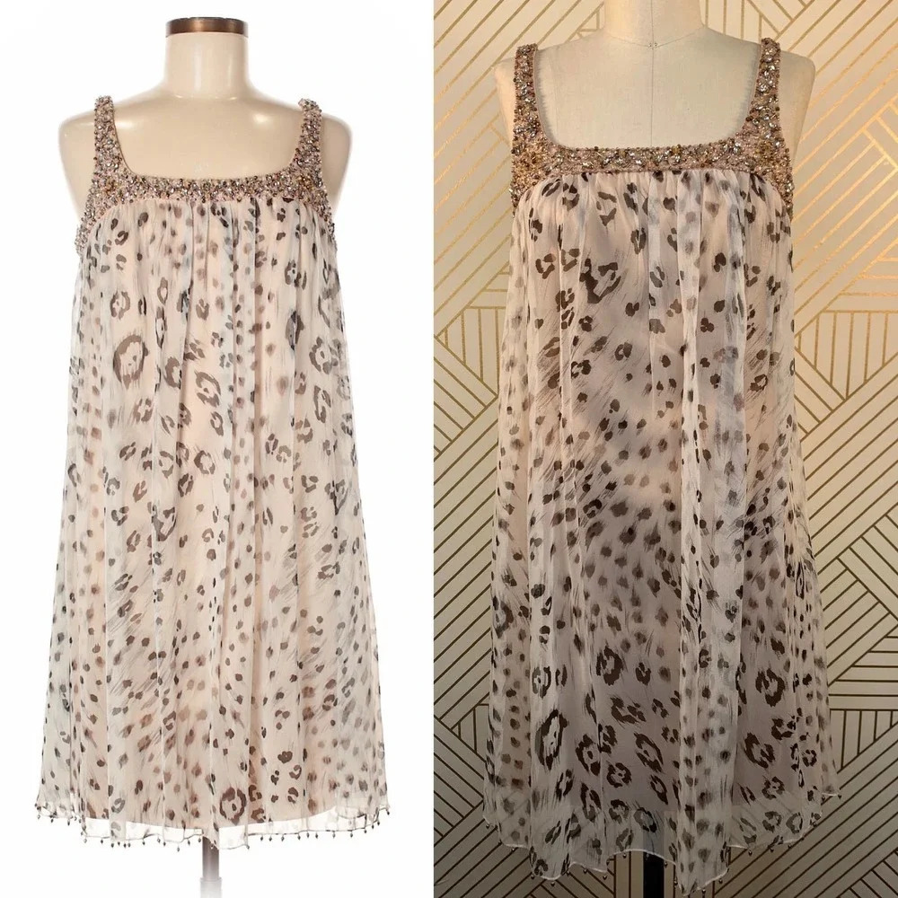 Mikael Aghal Leopard Print Silk Beaded Dress